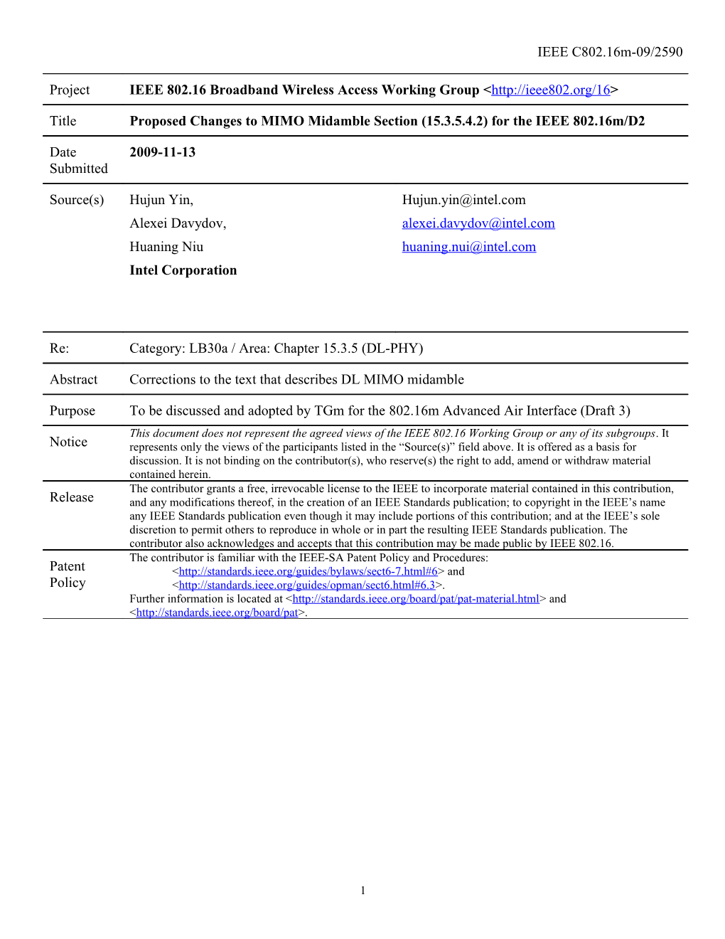 Proposed Changes to MIMO Midamble (15.3.5.4.2) for the IEEE 802.16M/D2