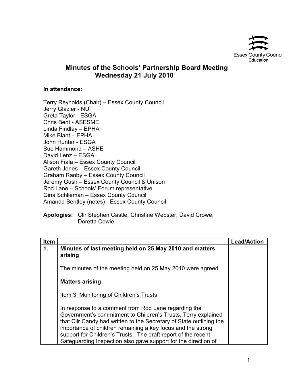 Minutes of the Schools Partnership Board Meeting