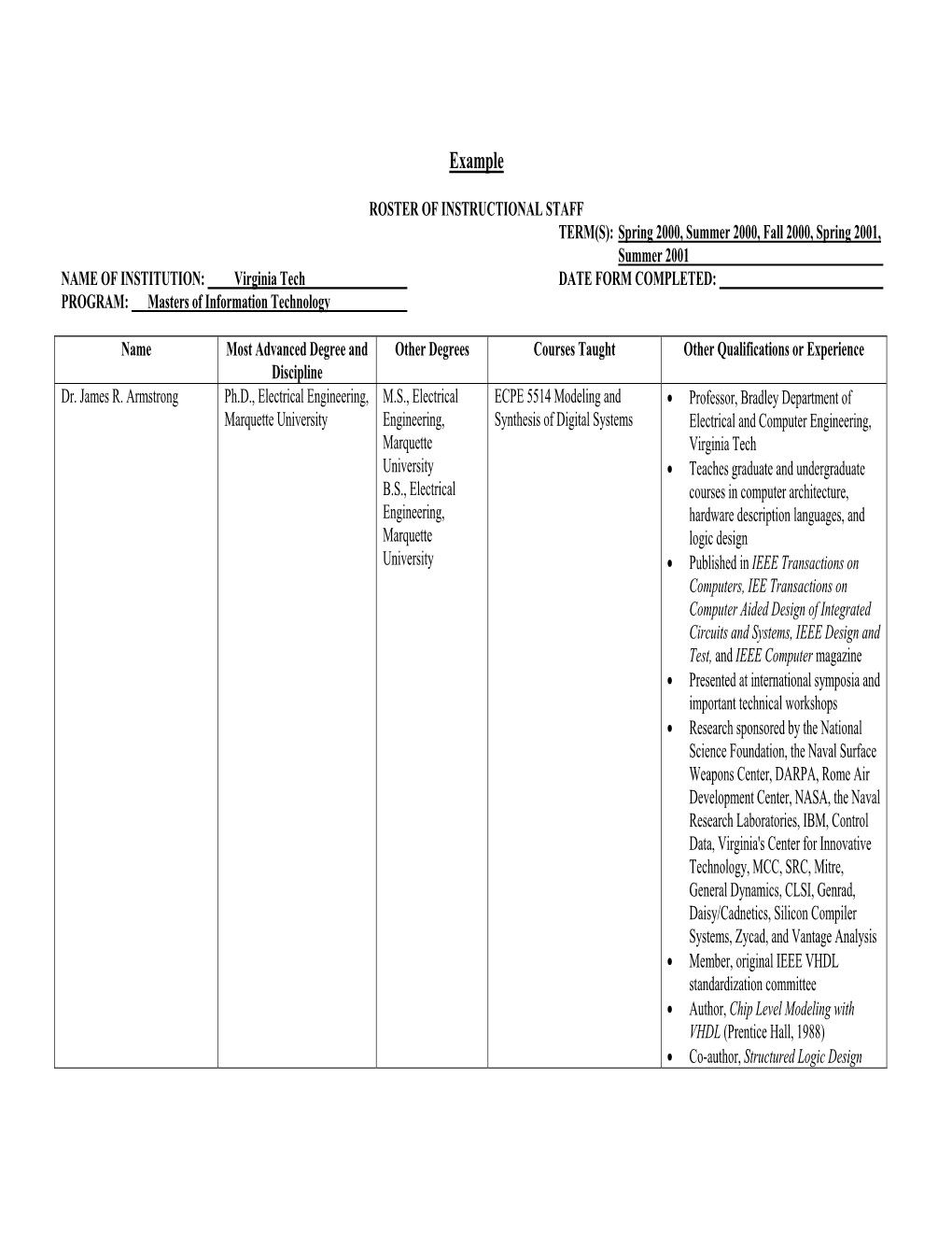 Roster of Instructional Staff (Example)