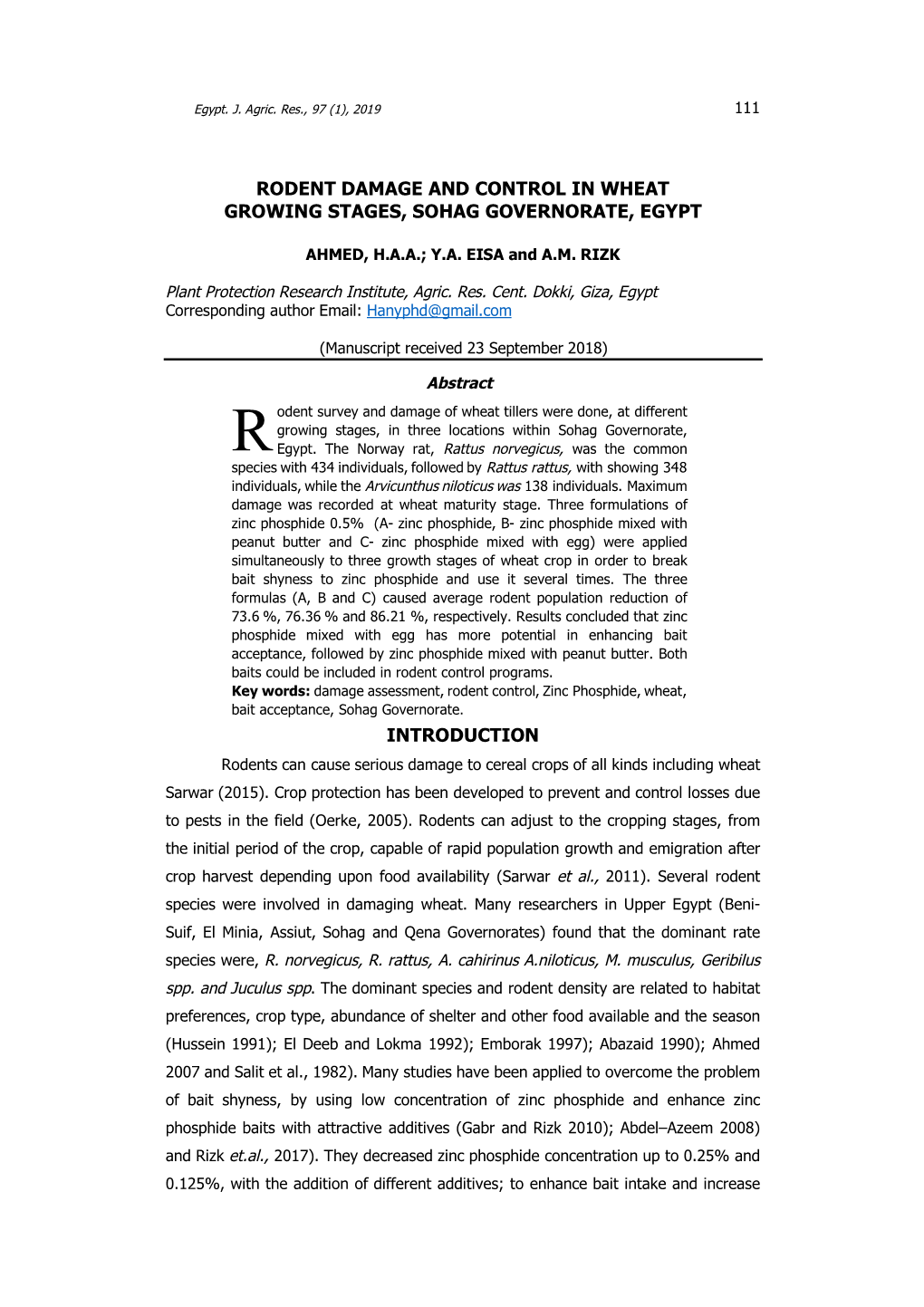 Rodent Damage and Control in Wheat Growing Stages, Sohag Governorate, Egypt