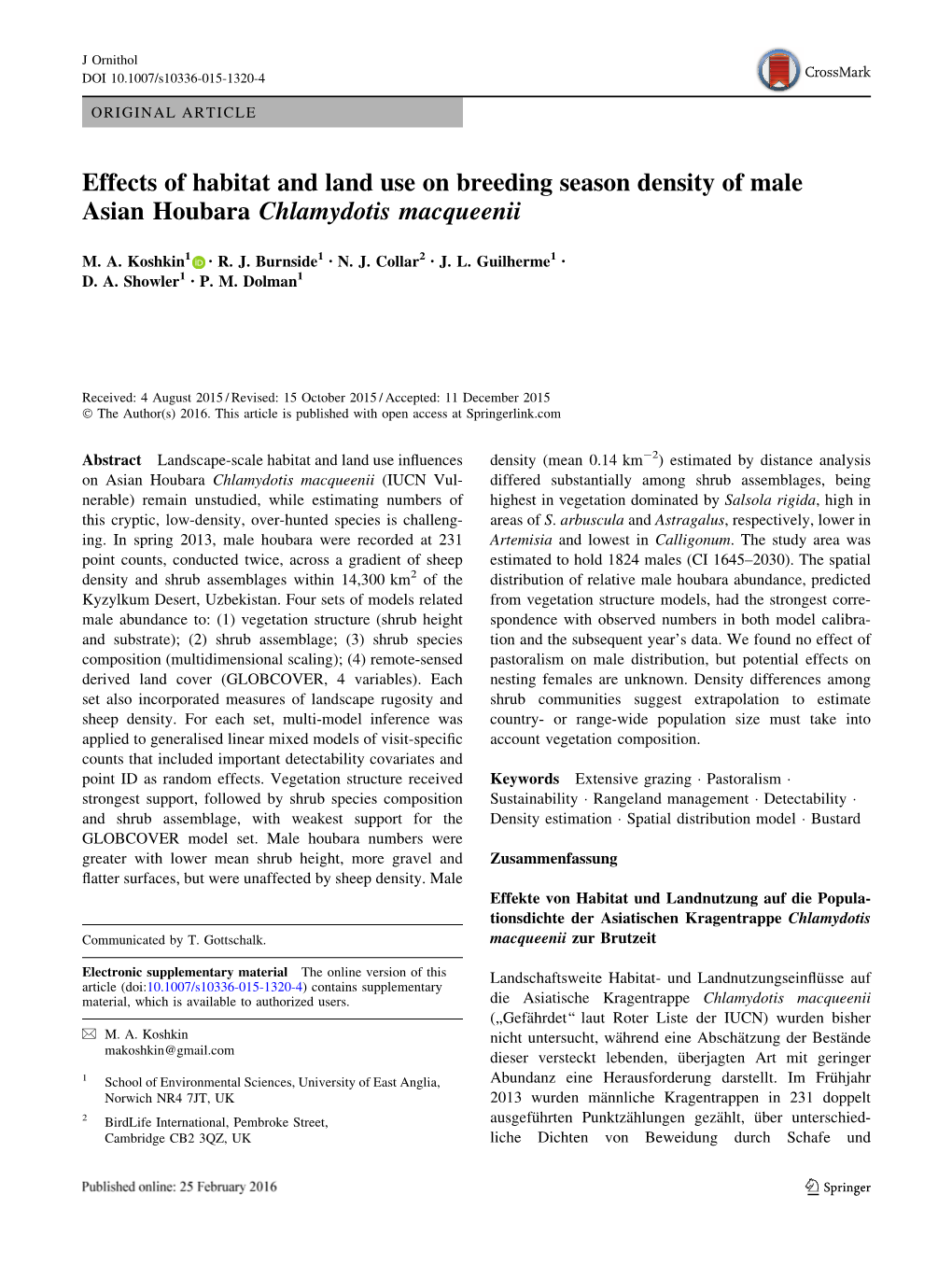 Effects of Habitat and Land Use on Breeding Season Density of Male Asian Houbara Chlamydotis Macqueenii