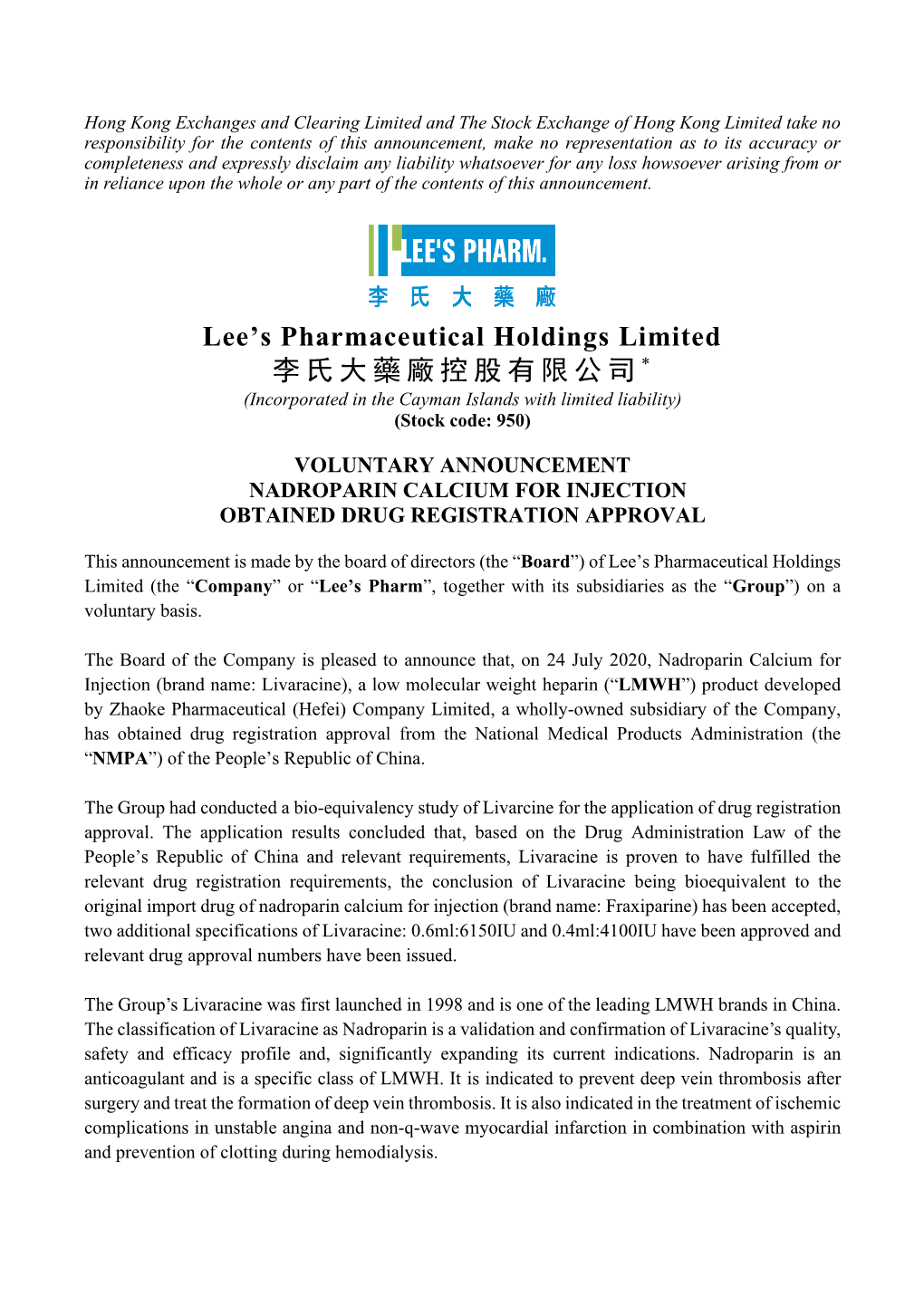 Lee's Pharmaceutical Holdings Limited 李氏大藥廠控股有限公司