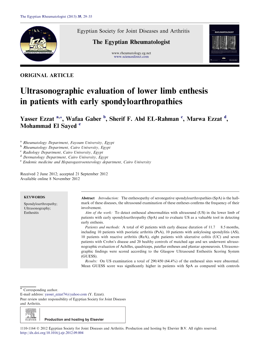 Ultrasonographic Evaluation of Lower Limb Enthesis in Patients with Early Spondyloarthropathies