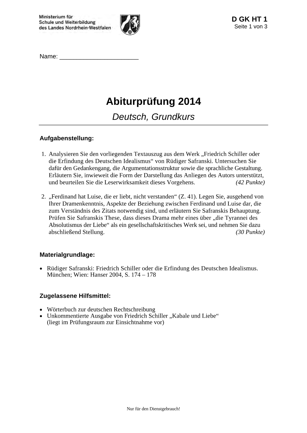 Abiturprüfung 2014 Deutsch, Grundkurs