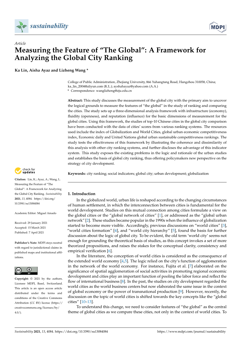 A Framework for Analyzing the Global City Ranking