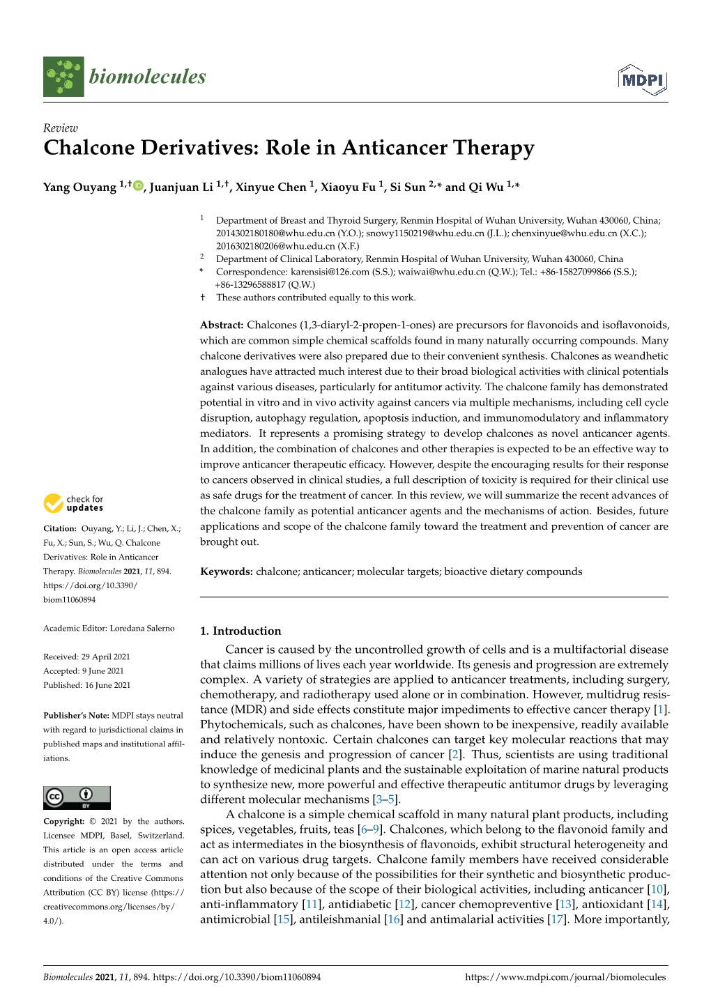 Chalcone Derivatives: Role in Anticancer Therapy