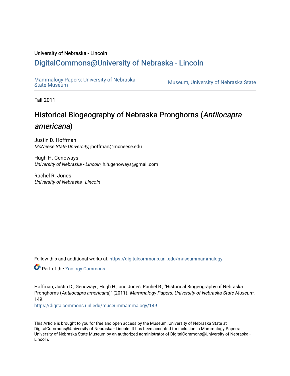 Historical Biogeography of Nebraska Pronghorns (<I>Antilocapra