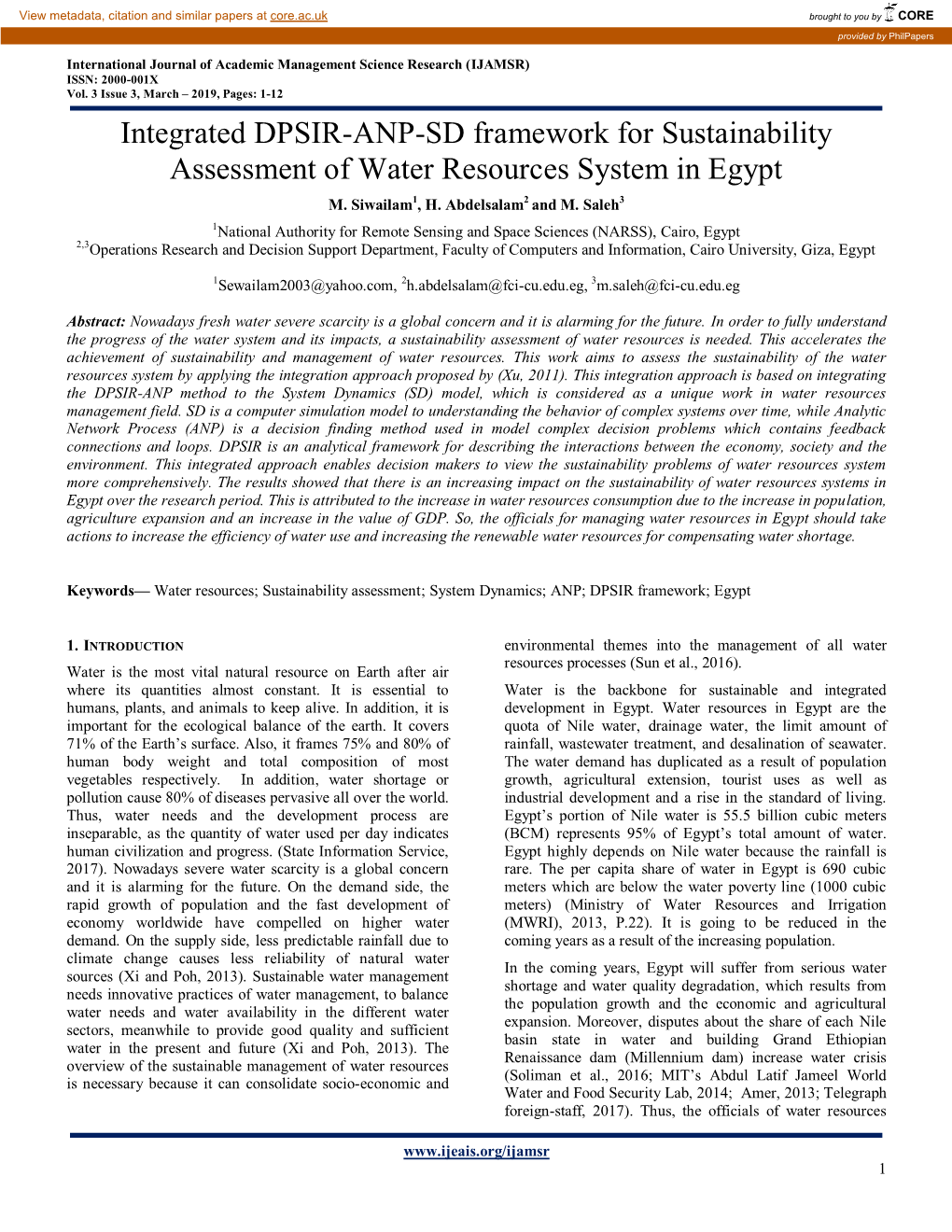Integrated DPSIR-ANP-SD Framework for Sustainability Assessment of Water Resources System in Egypt M