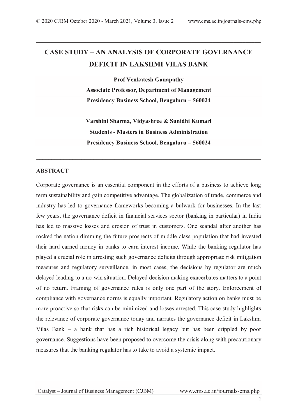 An Analysis of Corporate Governance Deficit in Lakshmi Vilas Bank