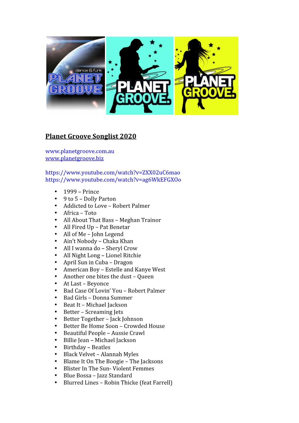 Planet Groove Songlist 2020