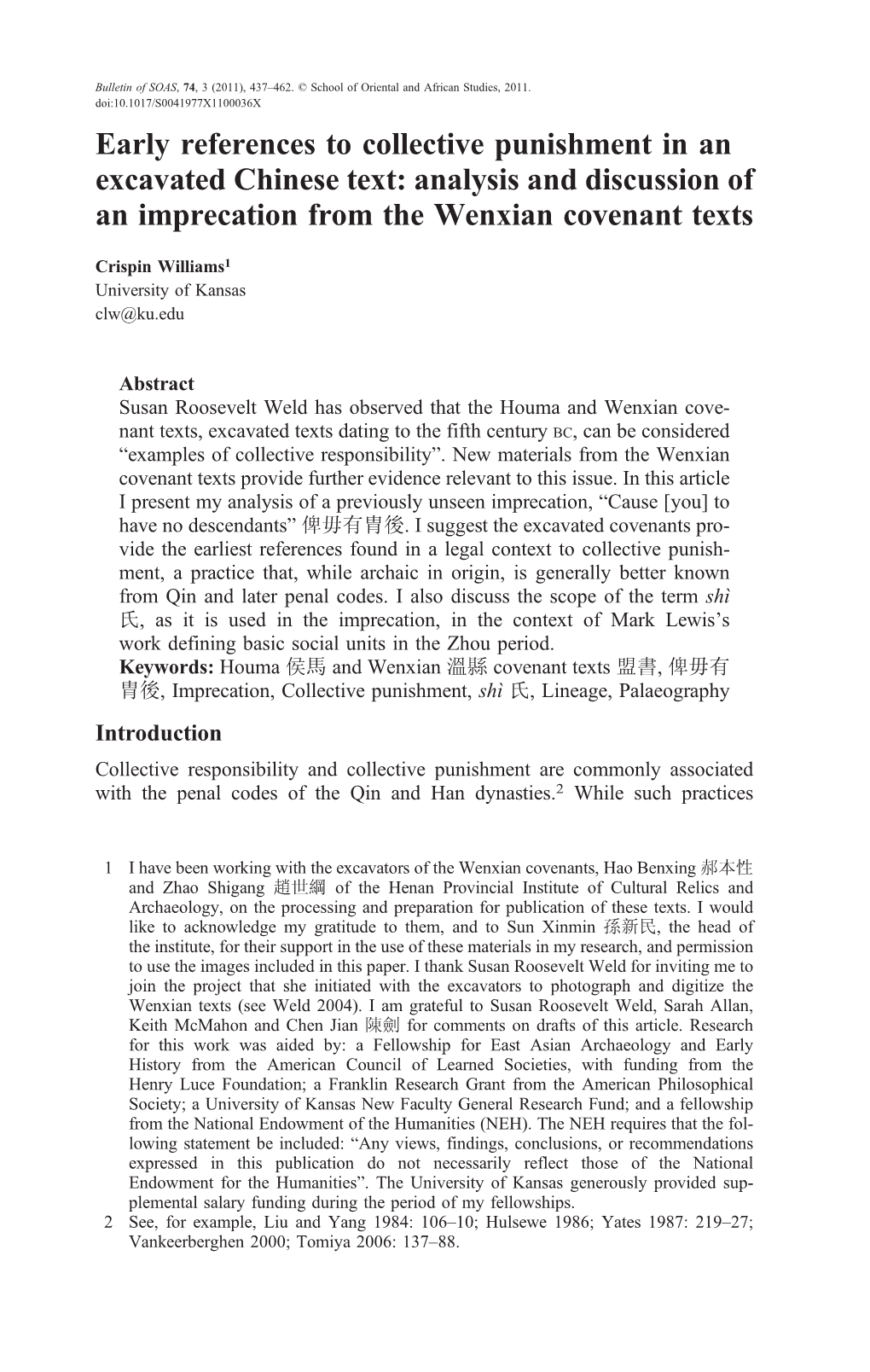 Early References to Collective Punishment in an Excavated Chinese Text: Analysis and Discussion of an Imprecation from the Wenxian Covenant Texts