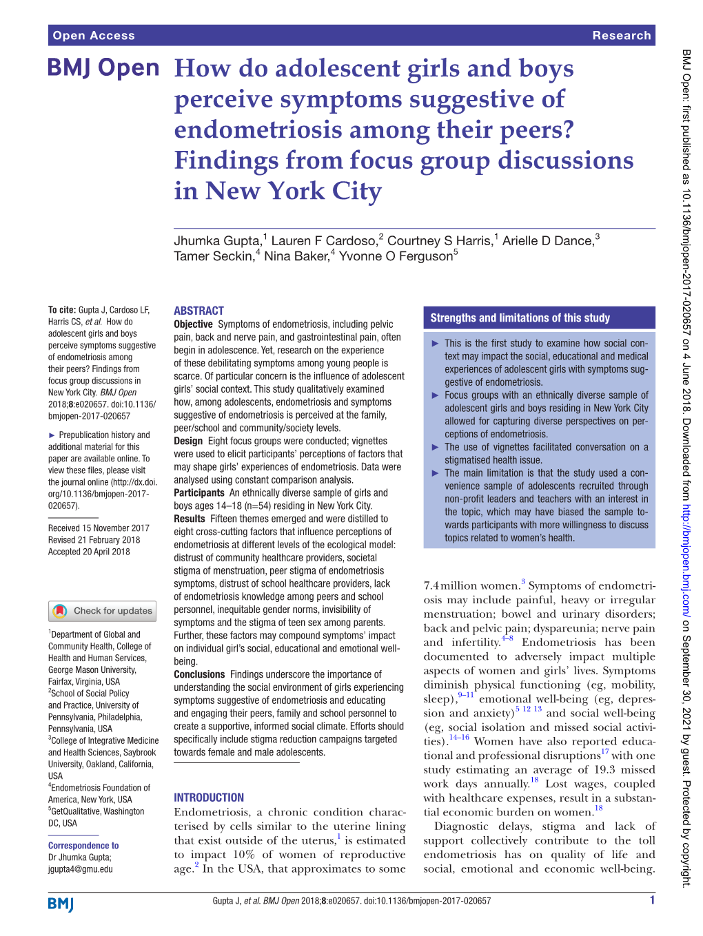 How Do Adolescent Girls and Boys Perceive Symptoms Suggestive of Endometriosis Among Their Peers? Findings from Focus Group Discussions in New York City