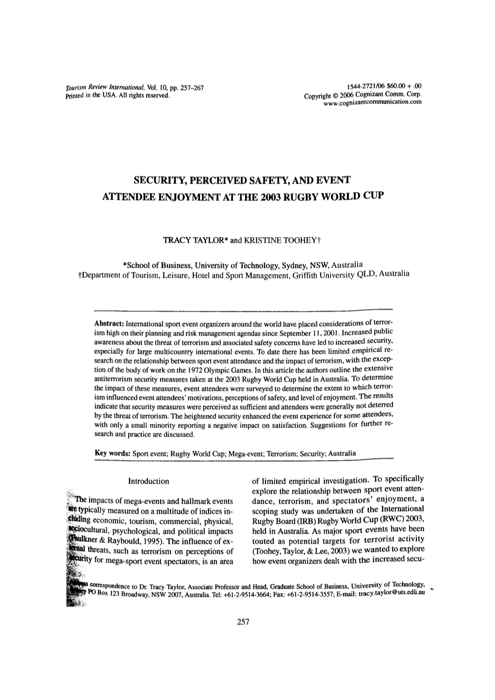 Security, Perceived Safety, and Event Attendee Enjoyment at the 2003 Rugby World Cup