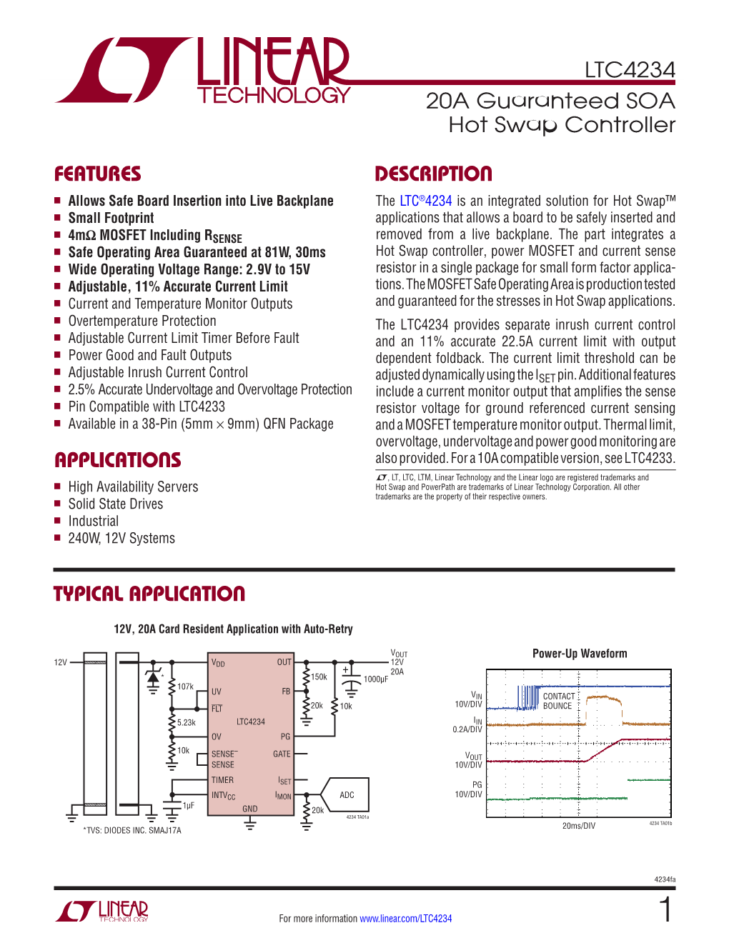 LTC4234 – 20A Guaranteed SOA Hot Swap Controller