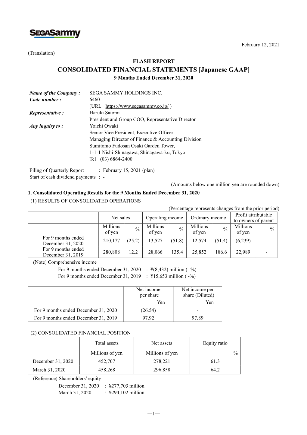 CONSOLIDATED FINANCIAL STATEMENTS [Japanese GAAP] 9 Months Ended December 31, 2020