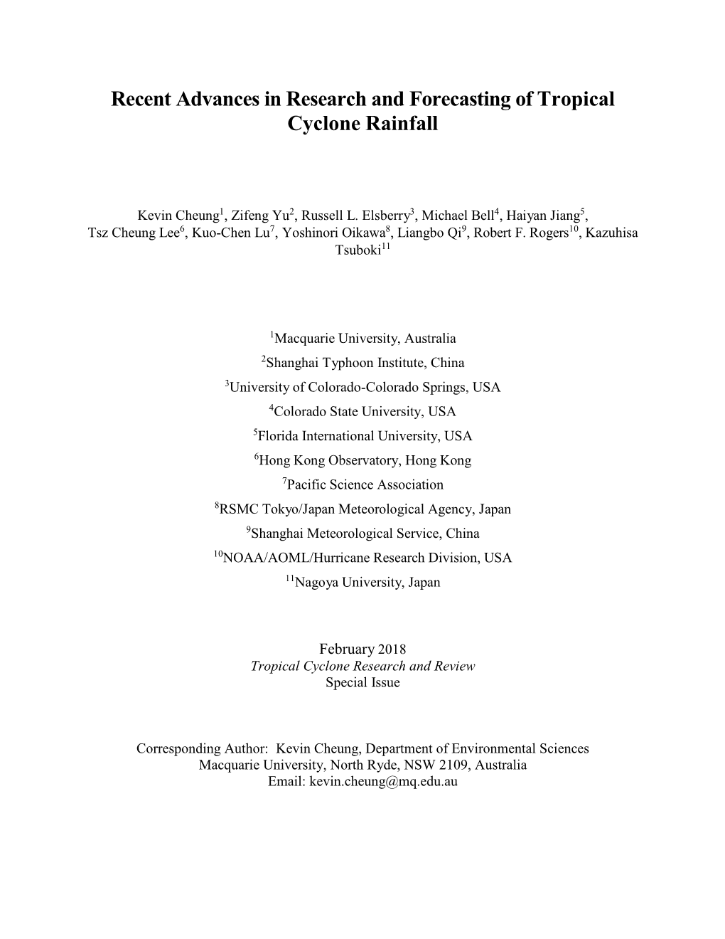 Recent Advances in Research and Forecasting of Tropical Cyclone Rainfall