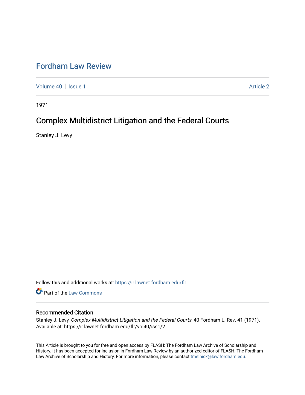 Complex Multidistrict Litigation and the Federal Courts