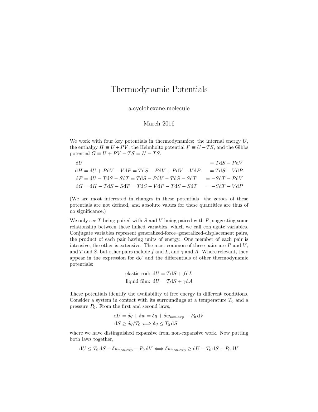 Thermodynamic Potentials