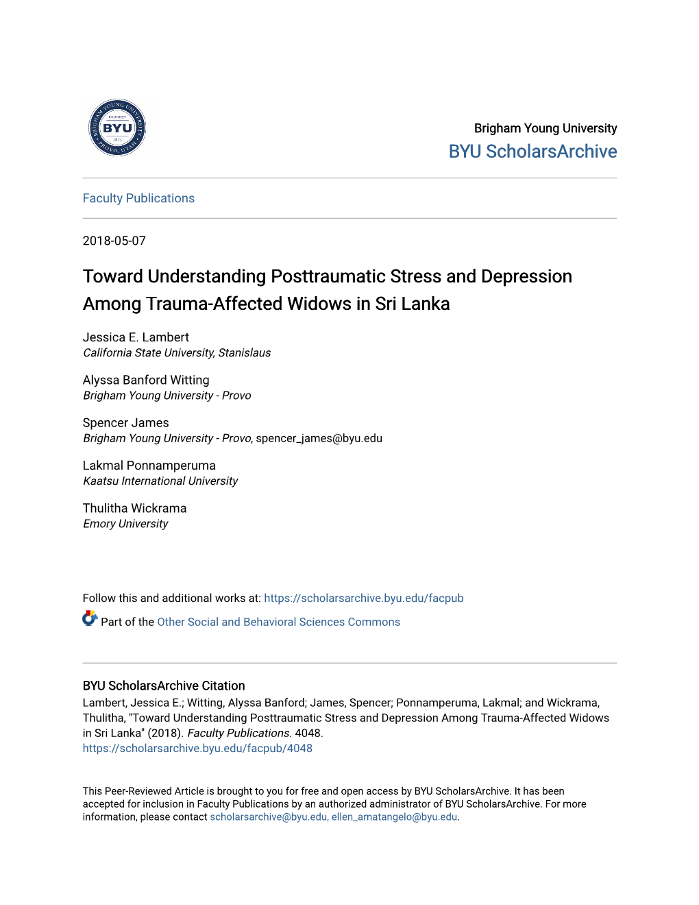 Toward Understanding Posttraumatic Stress and Depression Among Trauma-Affected Widows in Sri Lanka