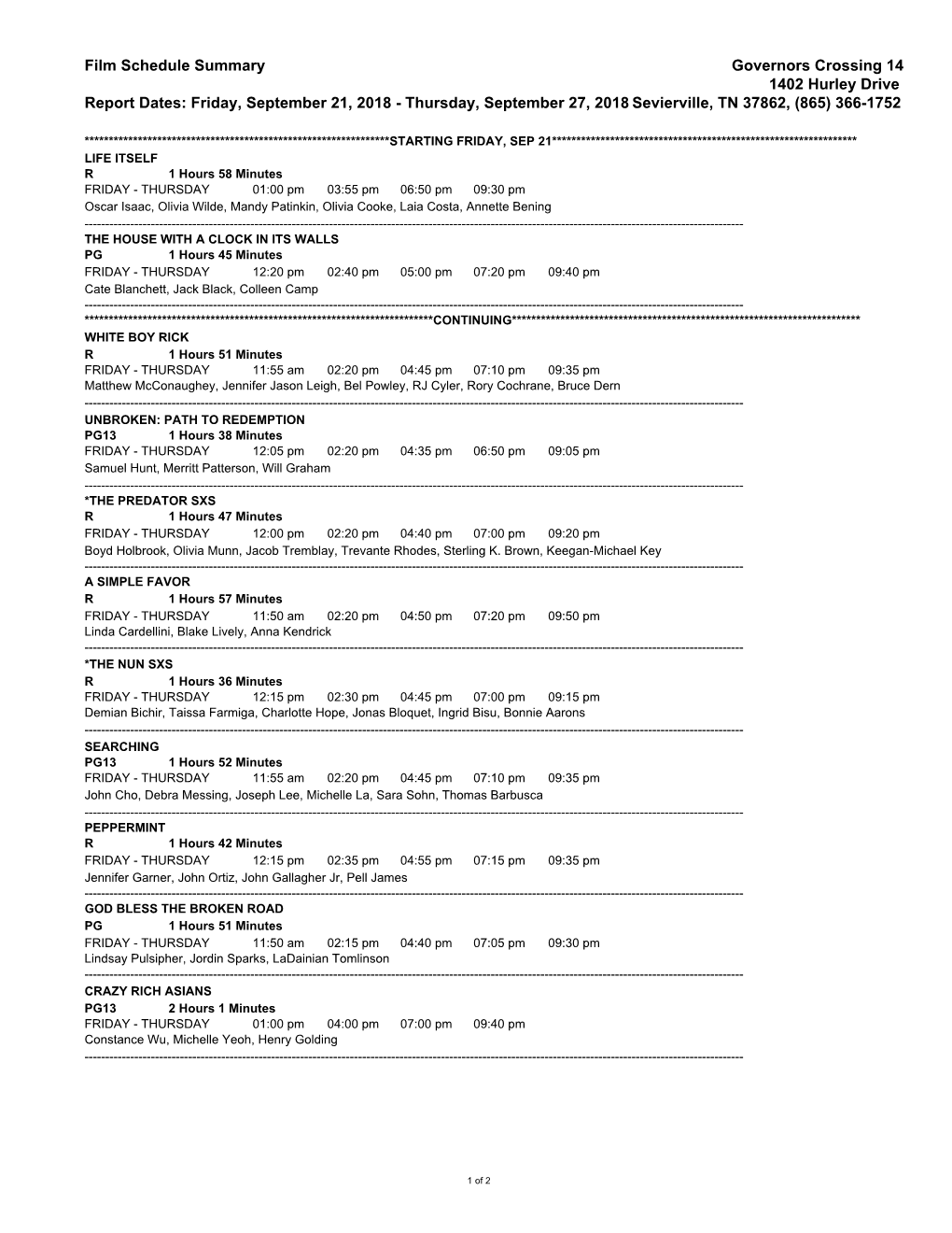 Film Schedule Summary Governors Crossing 14 1402