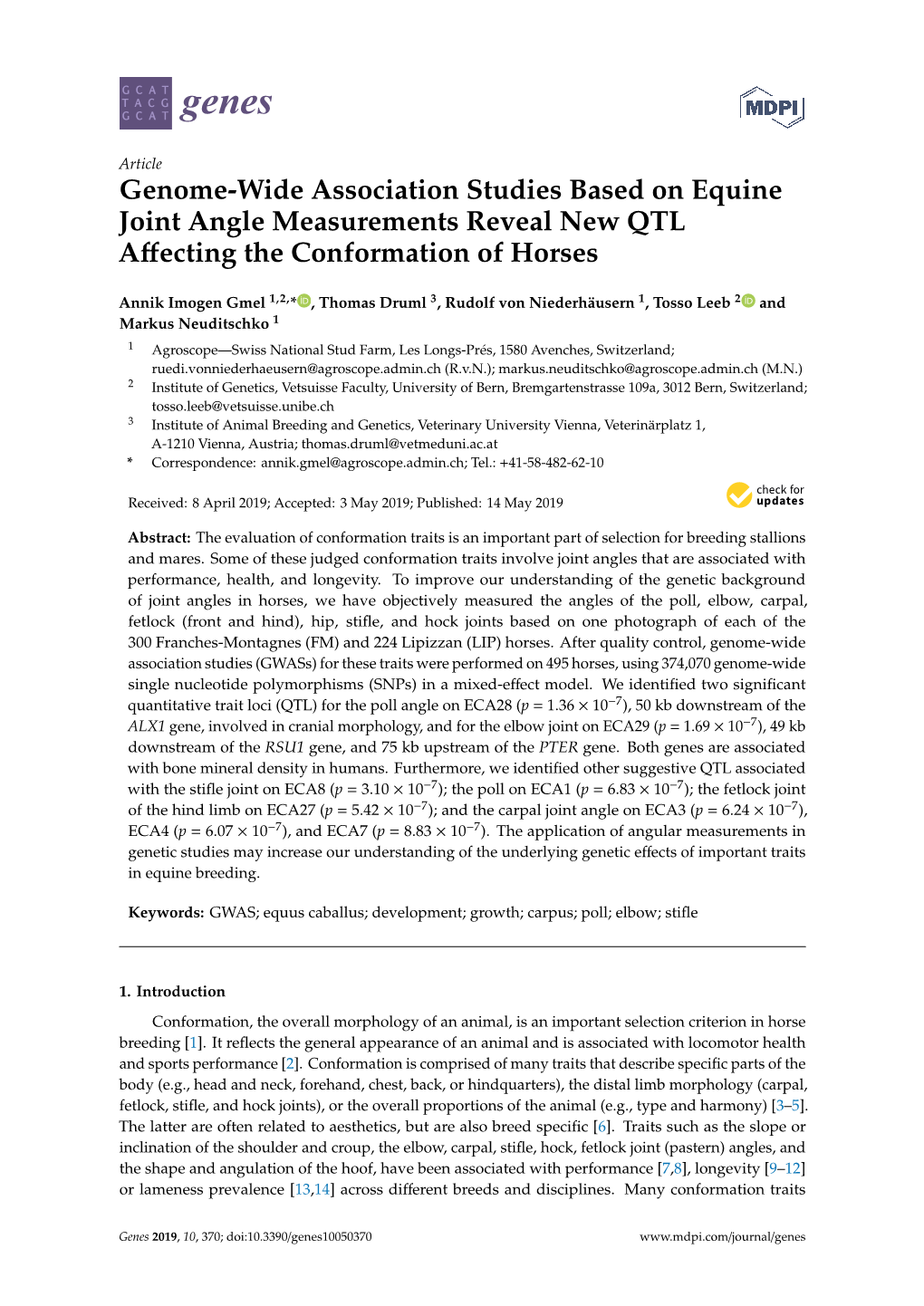 Genome-Wide Association Studies Based on Equine Joint Angle Measurements Reveal New QTL Affecting the Conformation of Horses