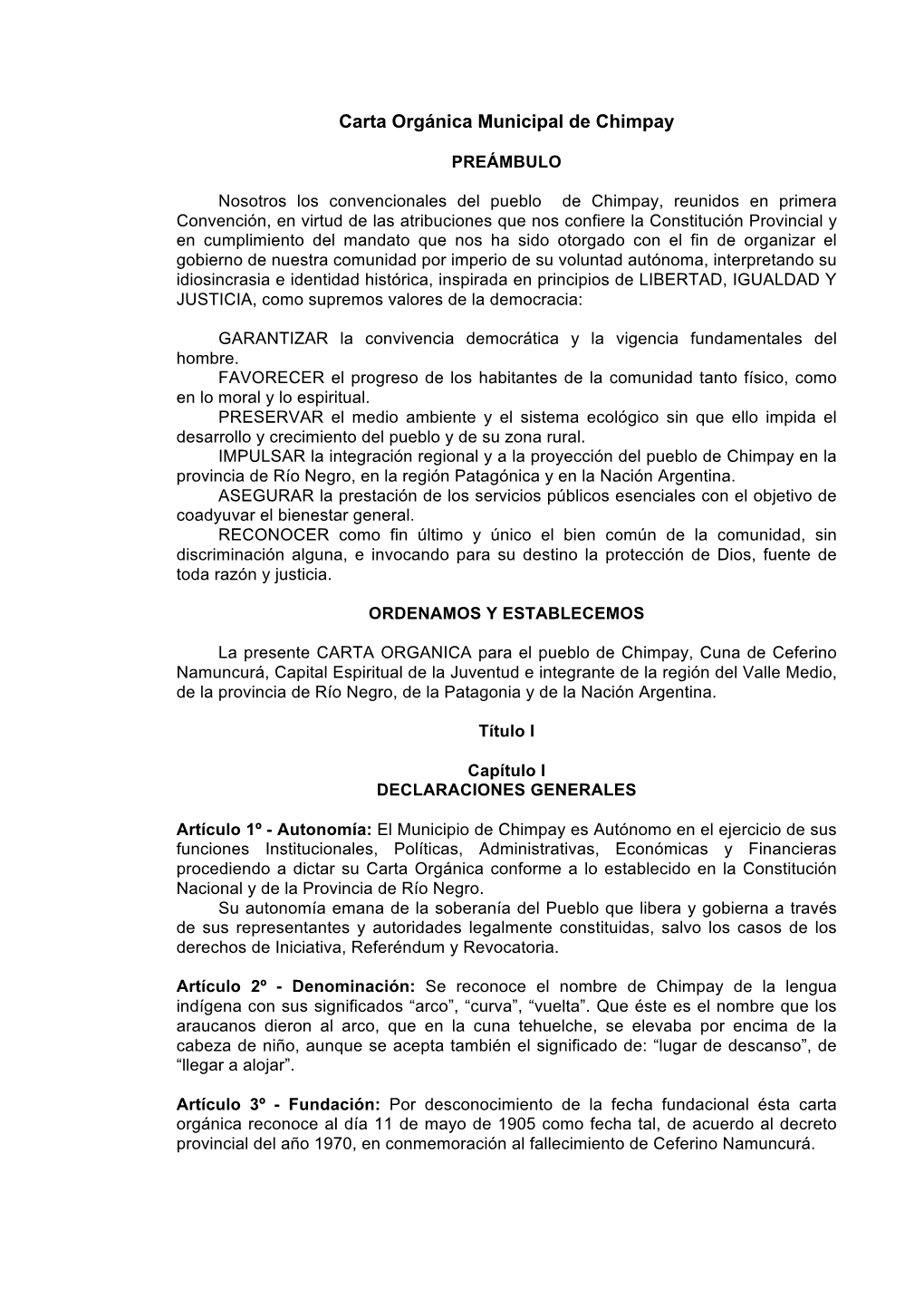 Carta Orgánica Municipal De Chimpay