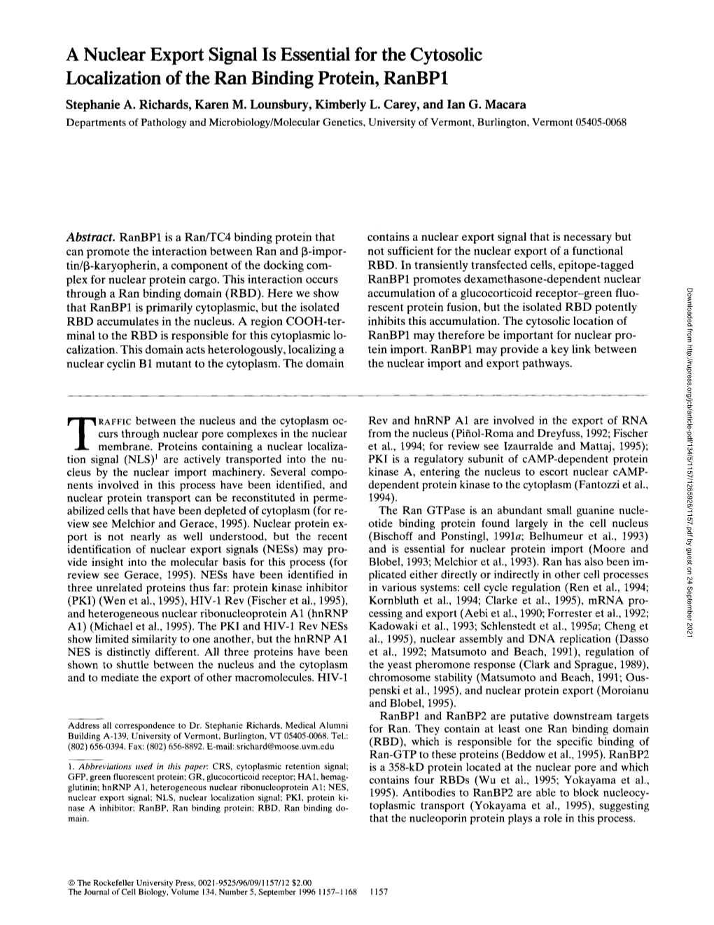 A Nuclear Export Signal Is Essential for the Cytosolic Localization of the Ran Binding Protein, Ranbp1 Stephanie A