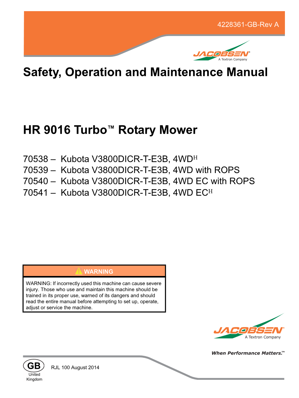 HR 9016 Turbo™ Rotary Mower Safety, Operation and Maintenance