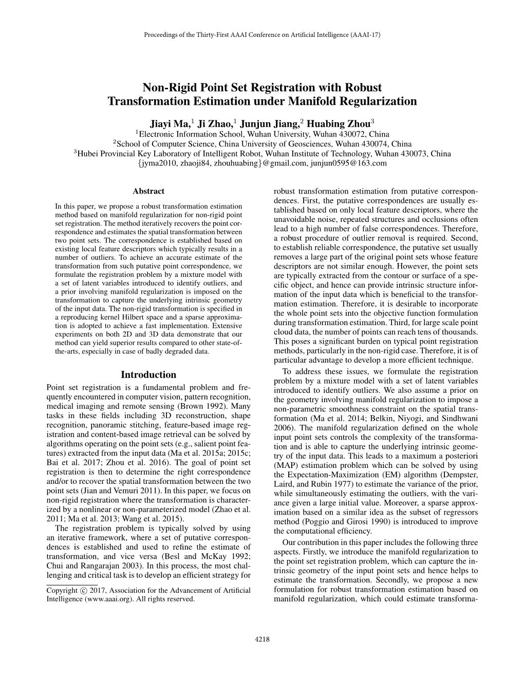 Non-Rigid Point Set Registration with Robust Transformation Estimation Under Manifold Regularization