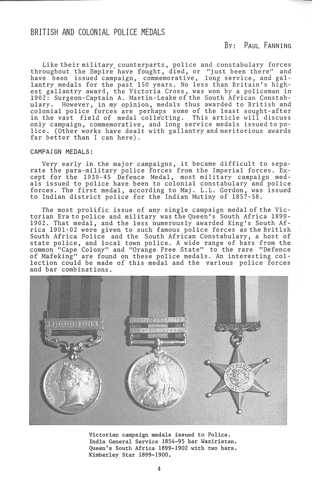 British and Colonial Police Medals By: Paul Fanning
