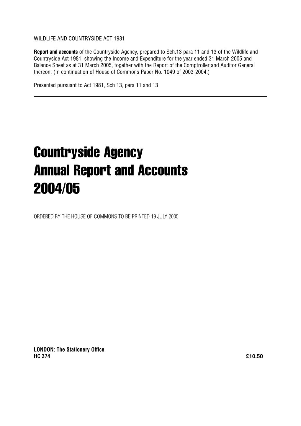 Countryside Agency Annual Report and Accounts 2004/05 HC