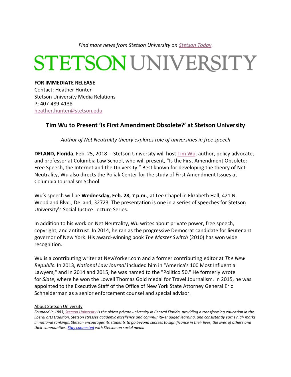 Tim Wu to Present 'Is First Amendment Obsolete?' at Stetson University