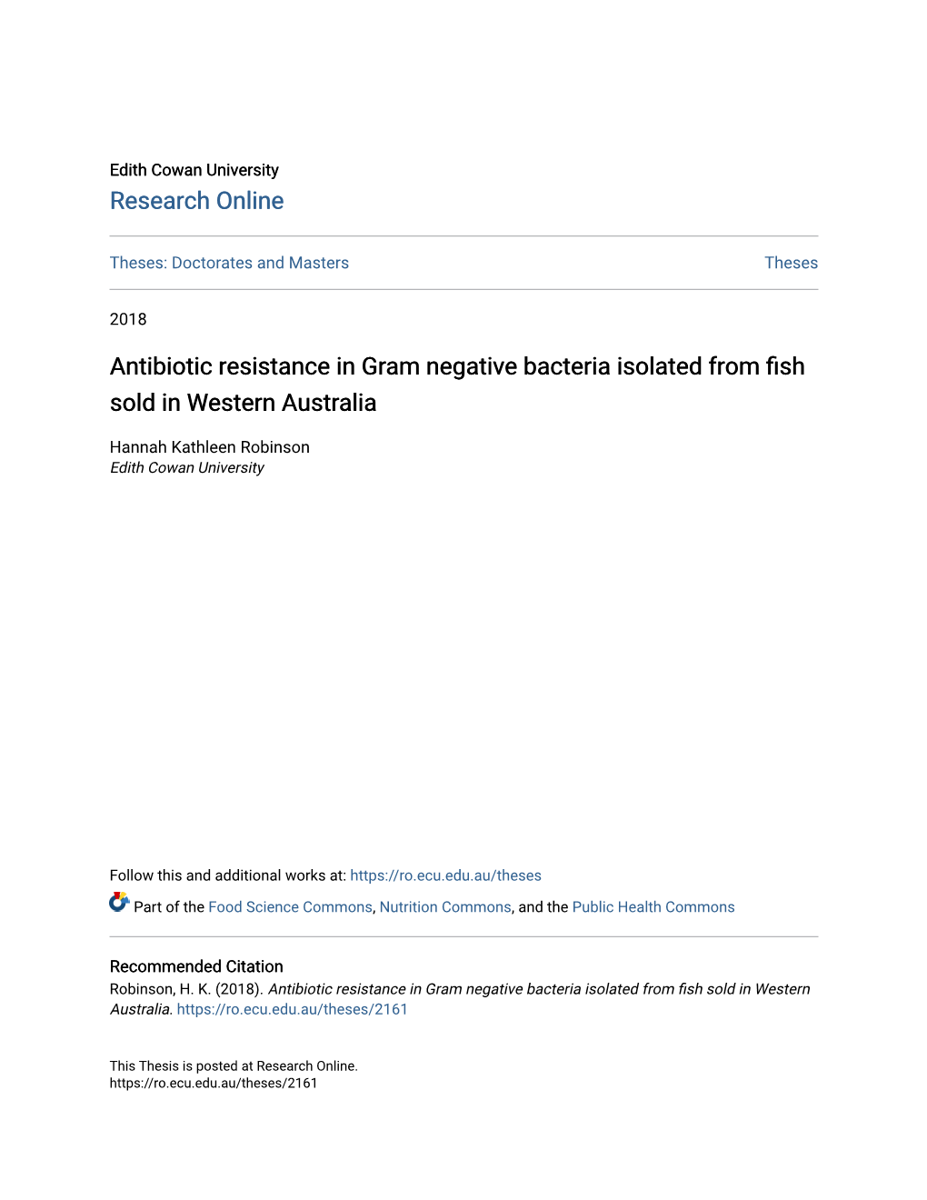 Antibiotic Resistance in Gram Negative Bacteria Isolated from Fish Sold in Western Australia