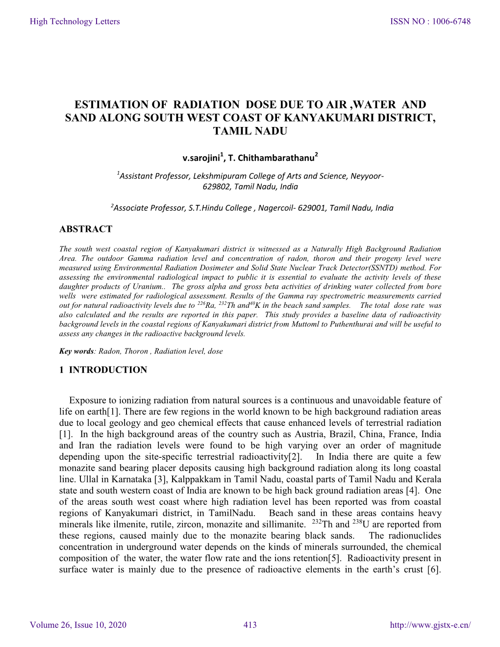 Estimation of Radiation Dose Due to Air ,Water and Sand Along South West Coast of Kanyakumari District, Tamil Nadu