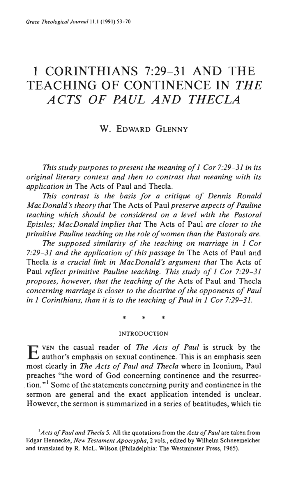 1 Corinthians 7:29-31 and the Teaching of Continence in the Acts of Paul and Thecla