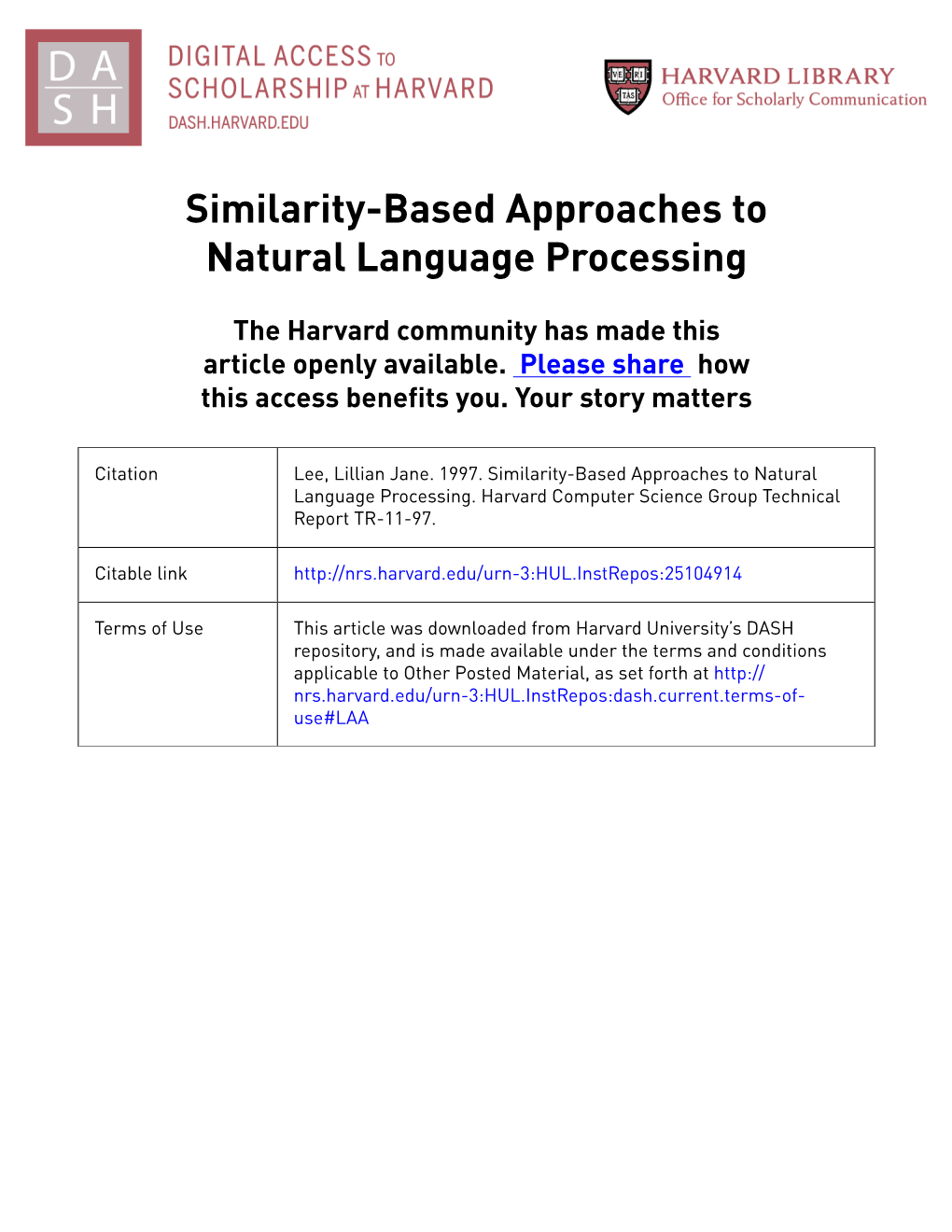 Similarity-Based Approaches to Natural Language Processing