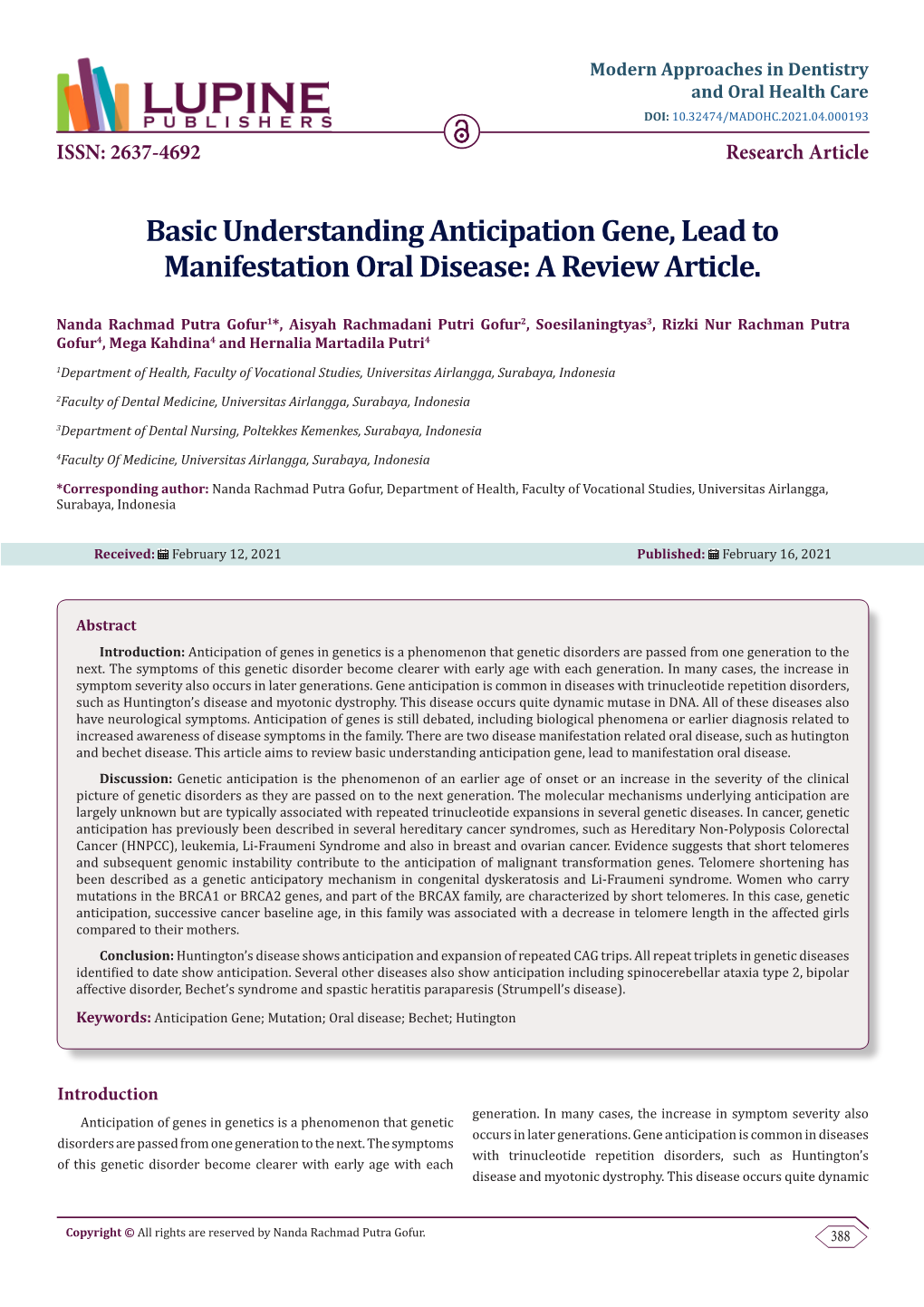 Basic Understanding Anticipation Gene, Lead to Manifestation Oral Disease: a Review Article