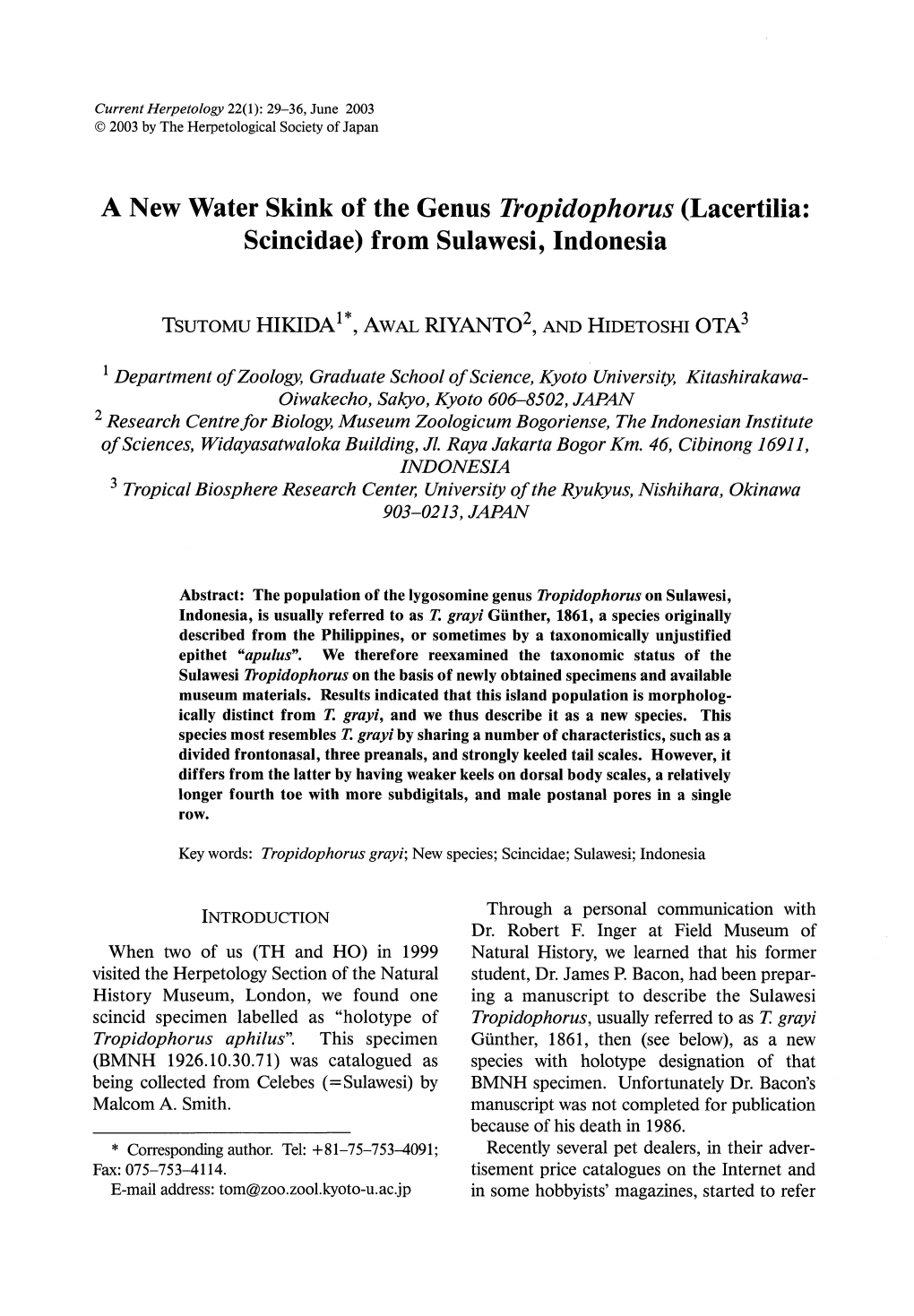 A New Water Skink of the Genus Tropidophorus (Lacertilia: Scincidae) from Sulawesi, Indonesia