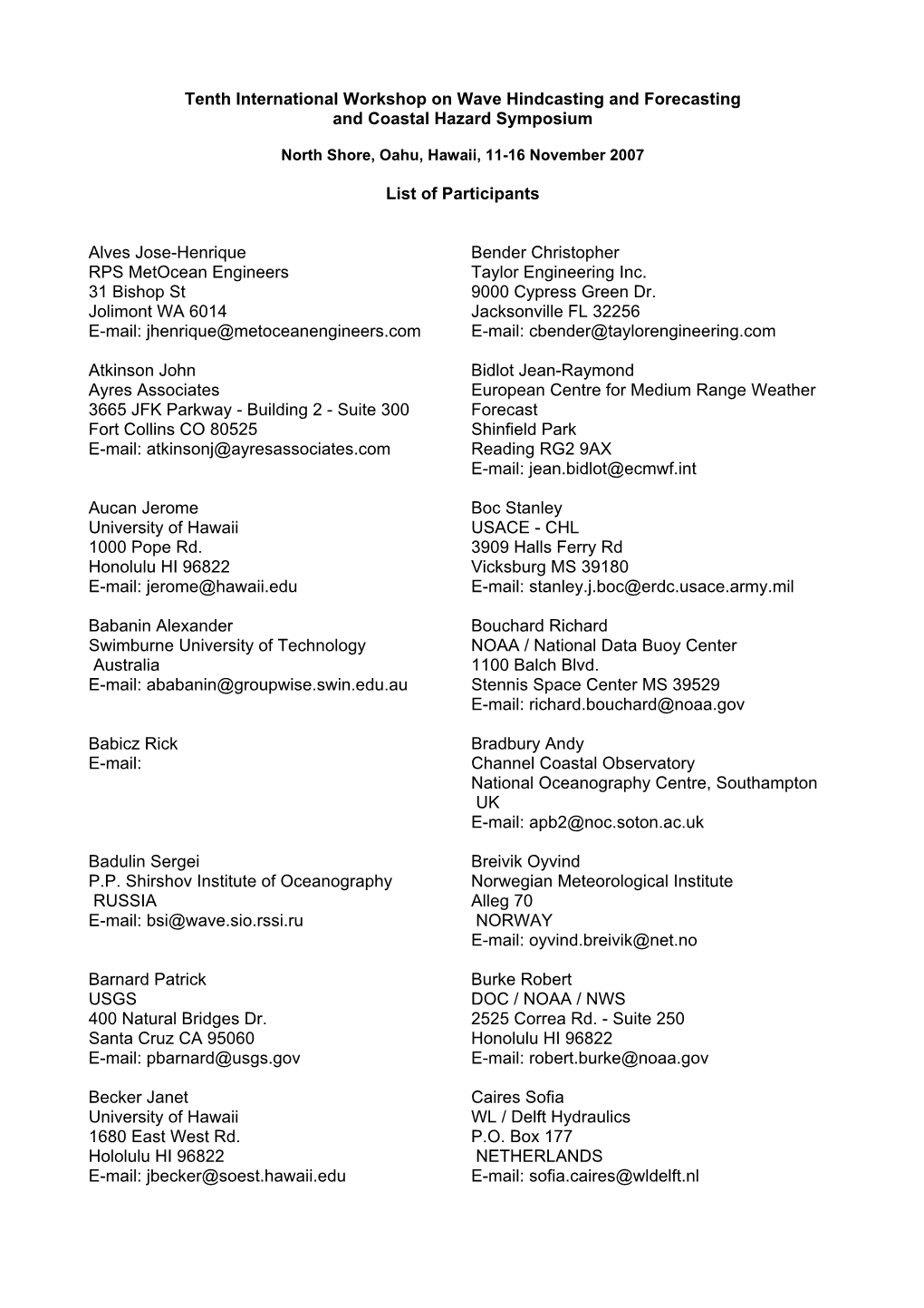 List of Participants