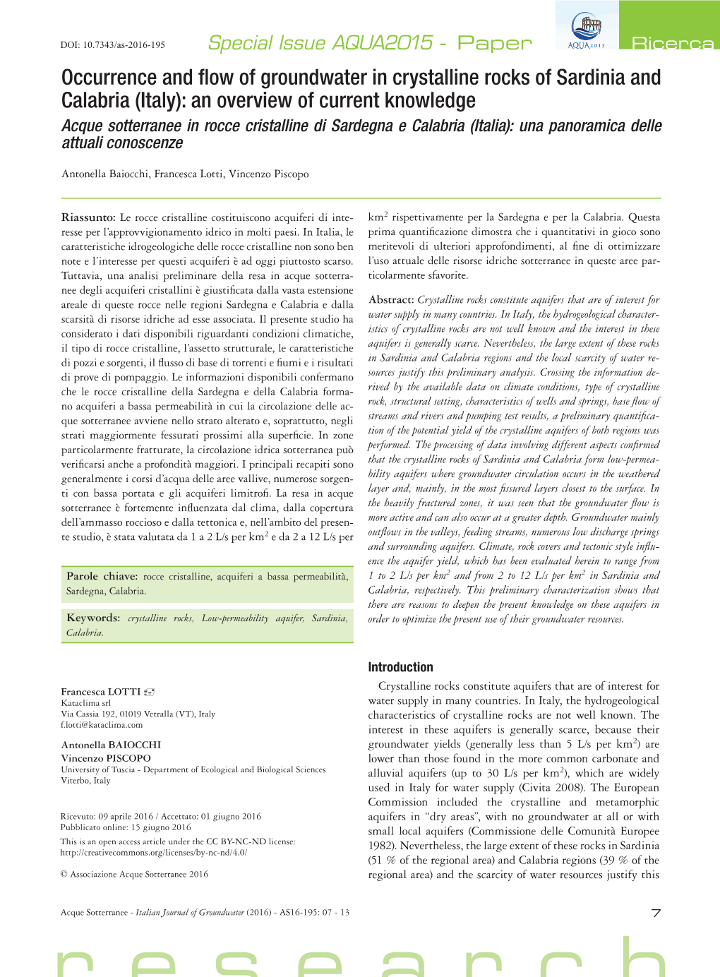 Occurrence and Flow of Groundwater in Crystalline Rocks of Sardinia and Calabria