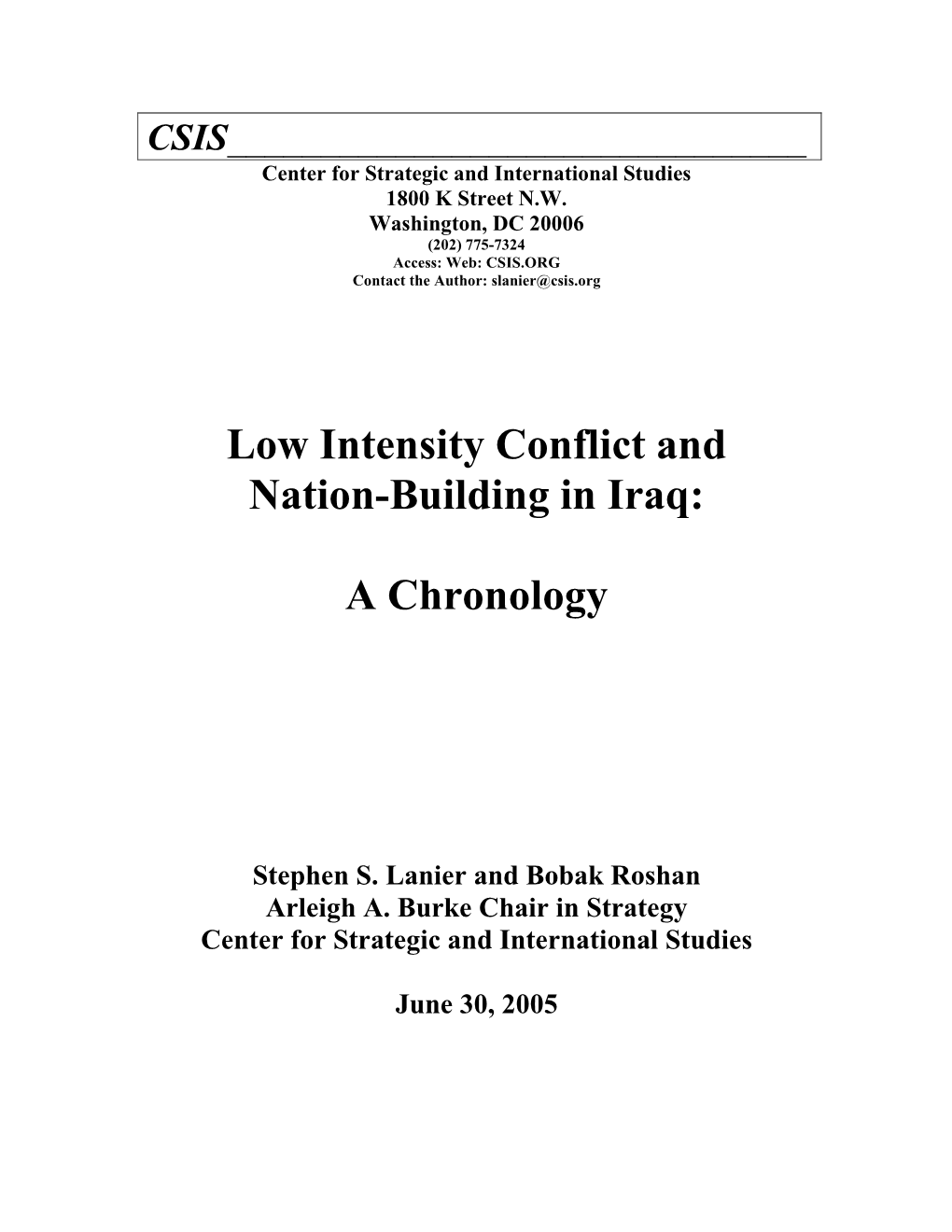 Low Intensity Conflict and Nation-Building in Iraq: a Chronology