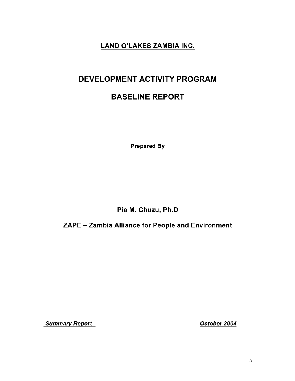 Development Activity Program Baseline Report