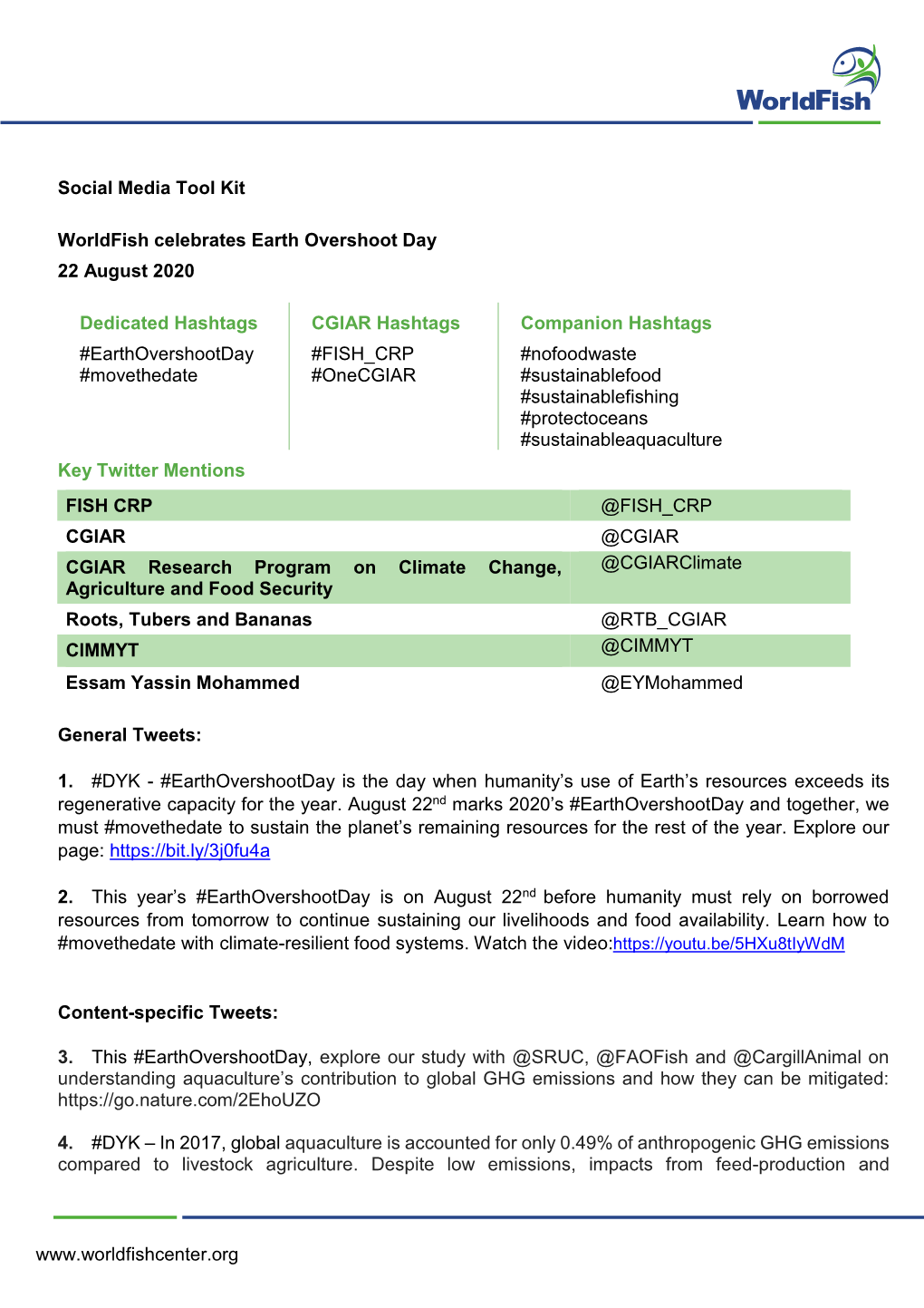 Social Media Tool Kit Worldfish Celebrates Earth Overshoot Day 22 August 2020 Dedicated Hashtags #Earth
