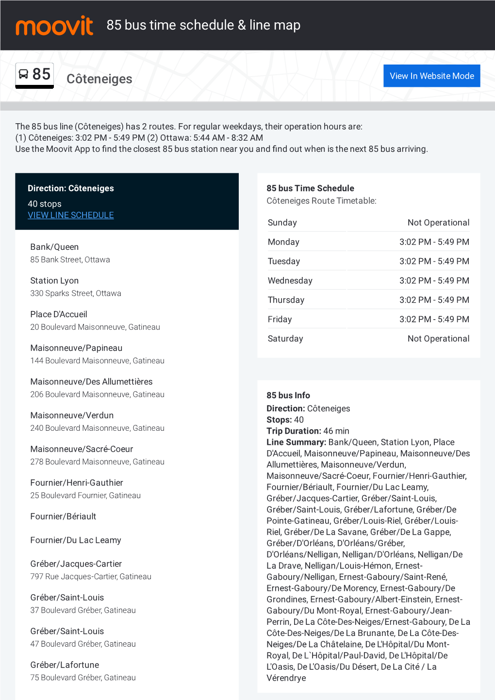 85 Bus Time Schedule & Line Route