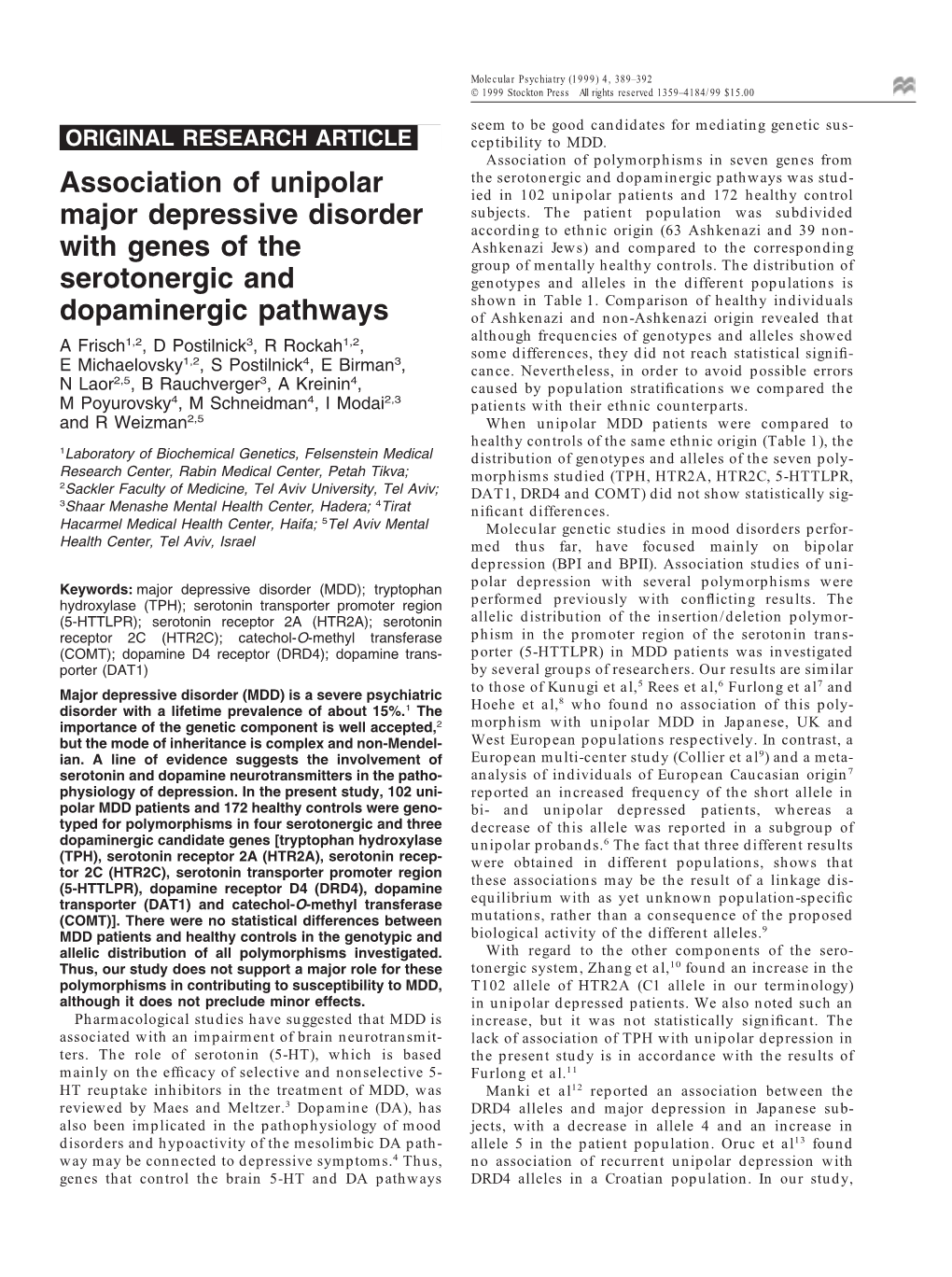 Association of Unipolar Major Depressive Disorder with Genes Of