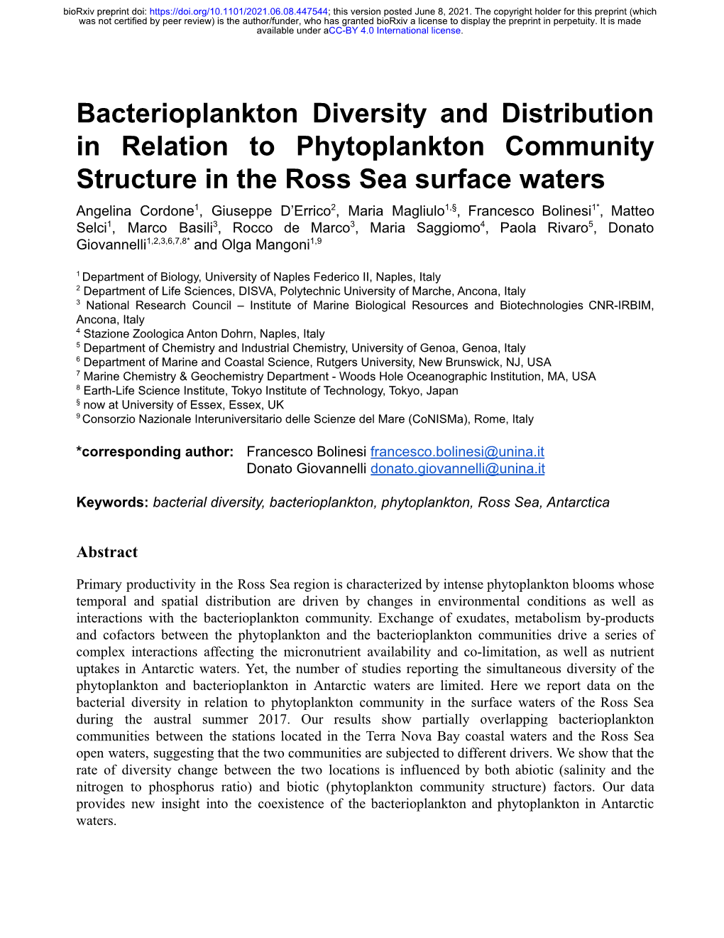 Bacterioplankton Diversity and Distribution in Relation To