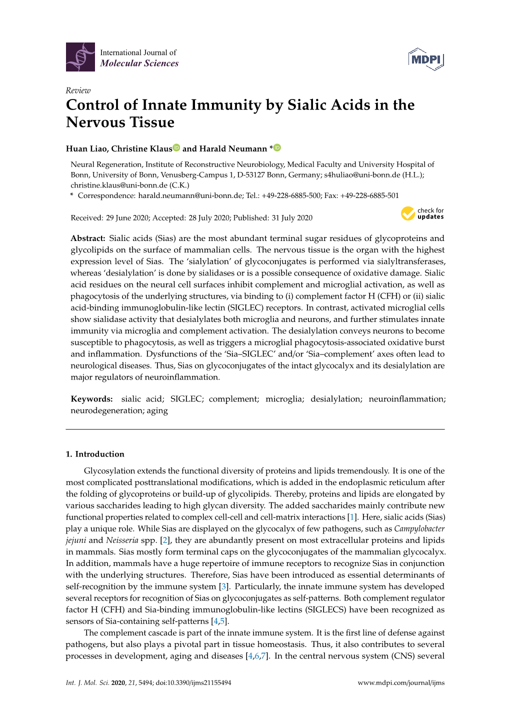 Control of Innate Immunity by Sialic Acids in the Nervous Tissue