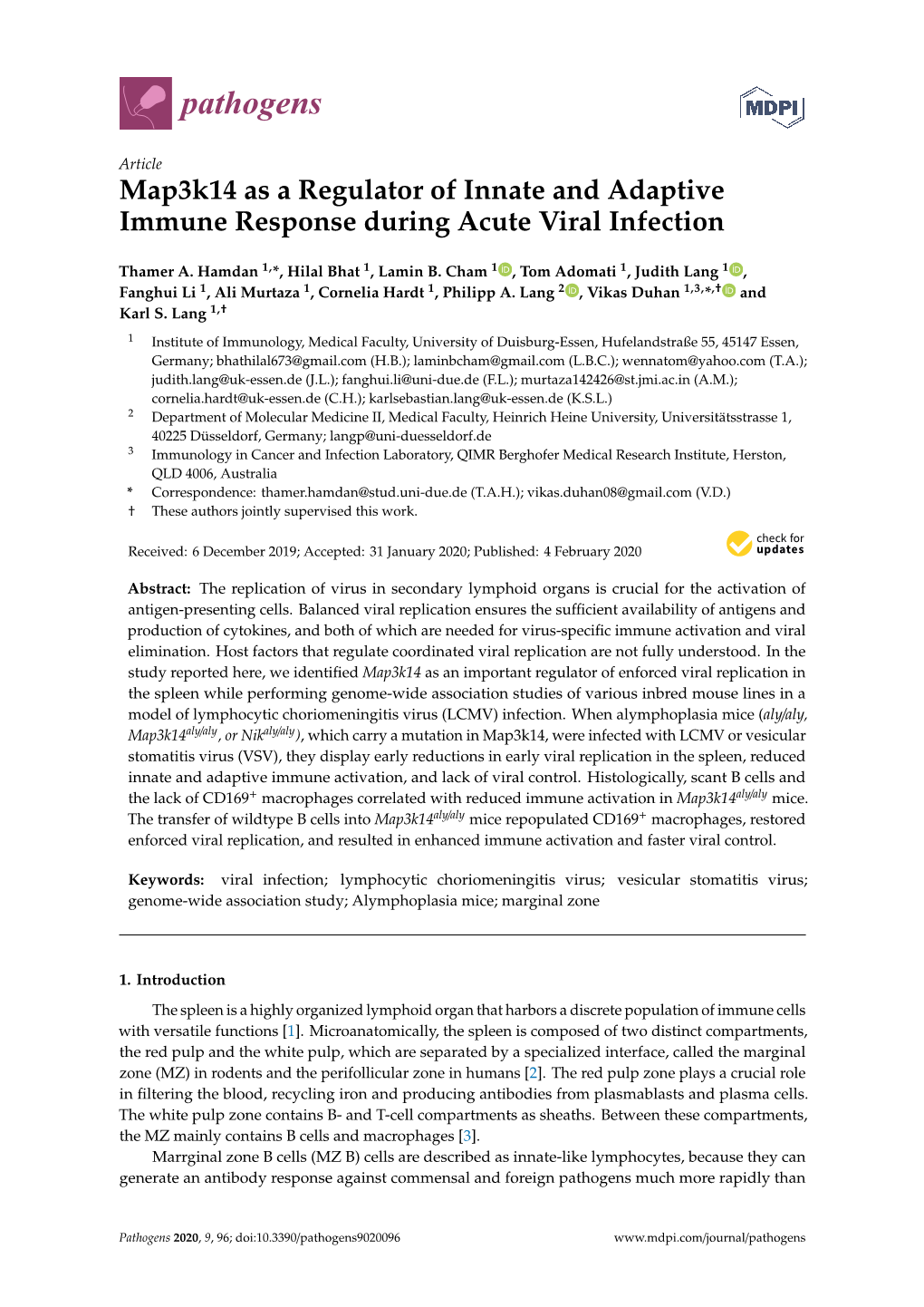 Map3k14 As a Regulator of Innate and Adaptive Immune Response During Acute Viral Infection