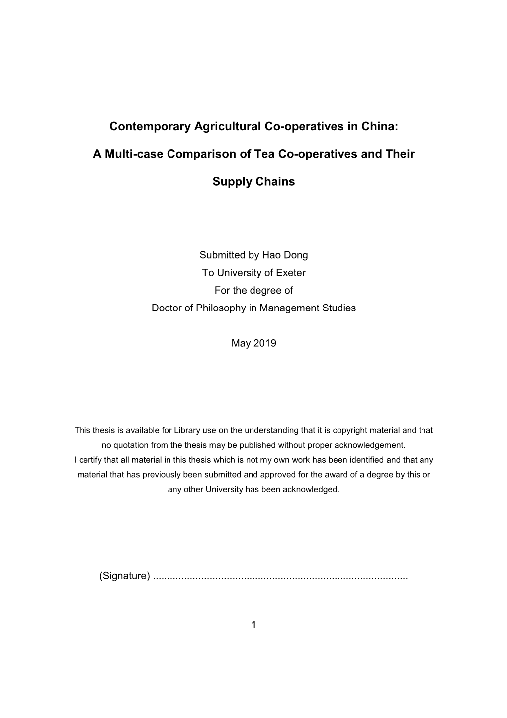 Contemporary Agricultural Co-Operatives in China