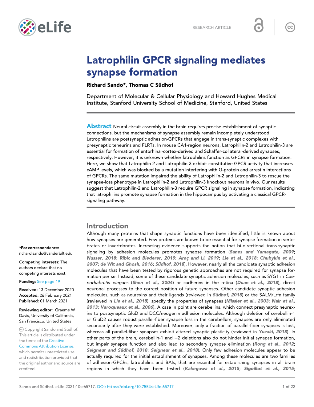 Latrophilin GPCR Signaling Mediates Synapse Formation Richard Sando*, Thomas C Su¨ Dhof